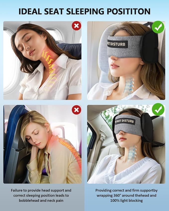 Travel Pillows for Airplanes, Airplane Head Strap with Eye Mask for Long Flight Sleeping Travel, 360° Support Neck Pillow for Plane Car Road Trips Seat Sleep, No Head Waving (White) - Image 2