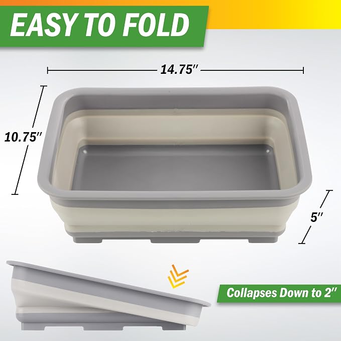 Collapsible Bucket for Cleaning - 7.27L Foldable Wash Bin Dish Tub - Collapsible Wash Basin or Camping Sink for Beach, Tailgating, or Soaking Laundry - Cleaning Supplies by Wakeman (Gray) - Image 2