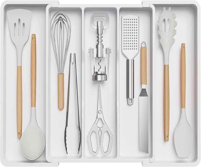 Lifewit Utensil Organizer for Kitchen Drawers, Expandable Utensil Tray | Adjustable Cooking Cutlery Silverware Flatware Holder, Plastic Spatula Tools Storage Divider, 13-22 x 15", White by Lifewit