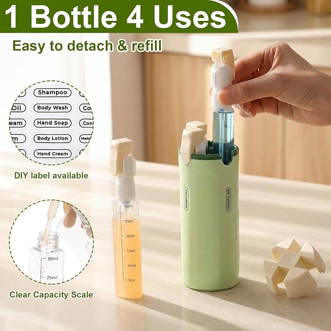 4 in 1 Travel Dispenser with 4 Pack 30ml Travel Bottles and Label Refillable & Leak Proof Portable Toiletry Containers with Locks for Shampoo Lotion Conditioner Cream(Green) - Image 3