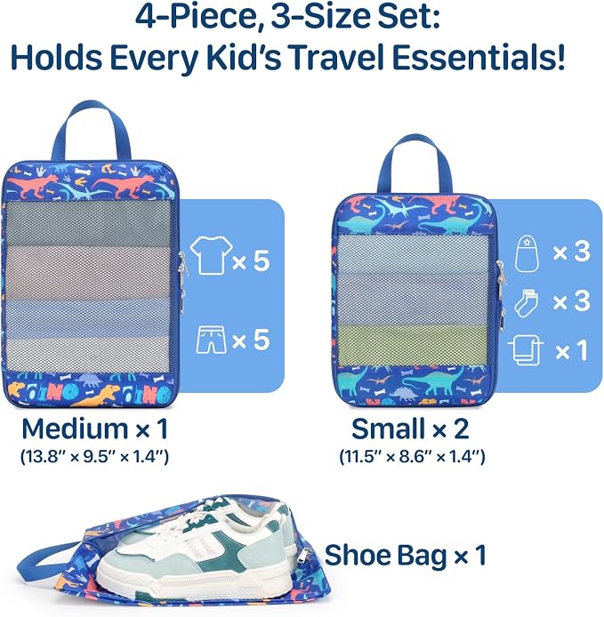 Kids Compression Packing Cubes - 4 PCS Sets, Blue Dinosaur | Water Resistant 4 Piece Set with Shoe Bag, Toddler Suitcase Organizer Set, Expandable Storage for Luggage - Image 3