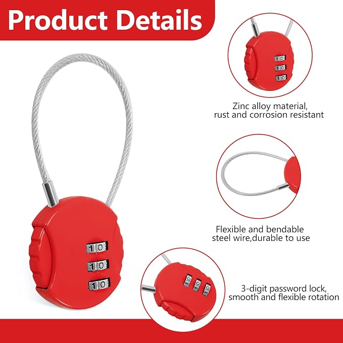 8 Pack 3 Digit Combination Cable Padlock,Red | Resettable for Gym Locker Luggage Backpack, Waterproof Outdoor Security, Small Combo Lock for Travel School Storage - Image 3