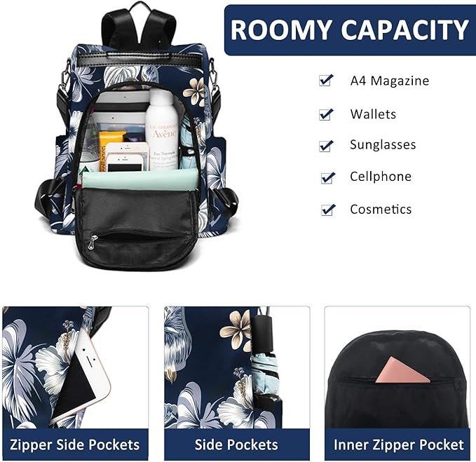 Waterproof Backpack Purse for Women Anti Theft Fashion Daypack Nylon Travel Bag Crossbody Shoulder Bag - Hawaii Flower 13"x5.9"x13.9" | Hidden Back Zipper Opening, Compact Travel Size,Summer Purse, Daypack for College Work, Hawaii Flower Back pack - Image 4