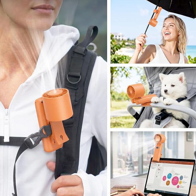 fygurso Personal Portable Clip-on Handheld Fan Rechargeable, Orange | Neck-Crossbody fit lanyard. Detachable clip. 10H battery. LED monitor. 5-Speed from 30dB low noise to 10000rpm blast. - Image 4