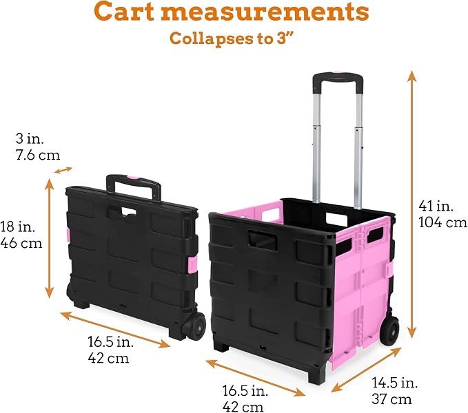 Inspired Living Ultra-Slim Rolling Collapsible Storage Pack-N-Roll Utility-carts, with Telescopic Handle, for Home, Garden, Shopping, Office, School use, Large, Pink & Black - Image 2