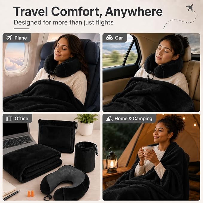 Travel Blanket and Pillow Set - Neck Pillow Airplane Essentials, Black | Memory Foam, Sleep Mask, Earplugs with Bag, Fleece Soft Comfort for Long Plane Flight Traveling Car Road Trip Flying - Image 6