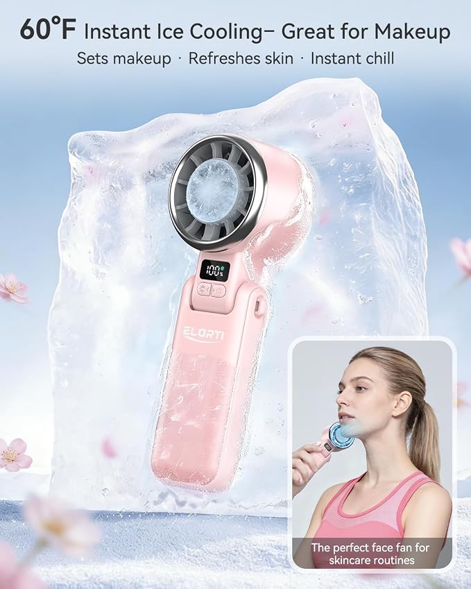 Portable Fan, Handheld Fan, Small Fan with Turbo & Ice Cooling, Hand Fan 5-Speed 4000mAh Rechargeable, 3-in-1 Foldable Personal Travel Fan, Lightweight for Beach Vacation, for Women Girl-Pink - Image 2