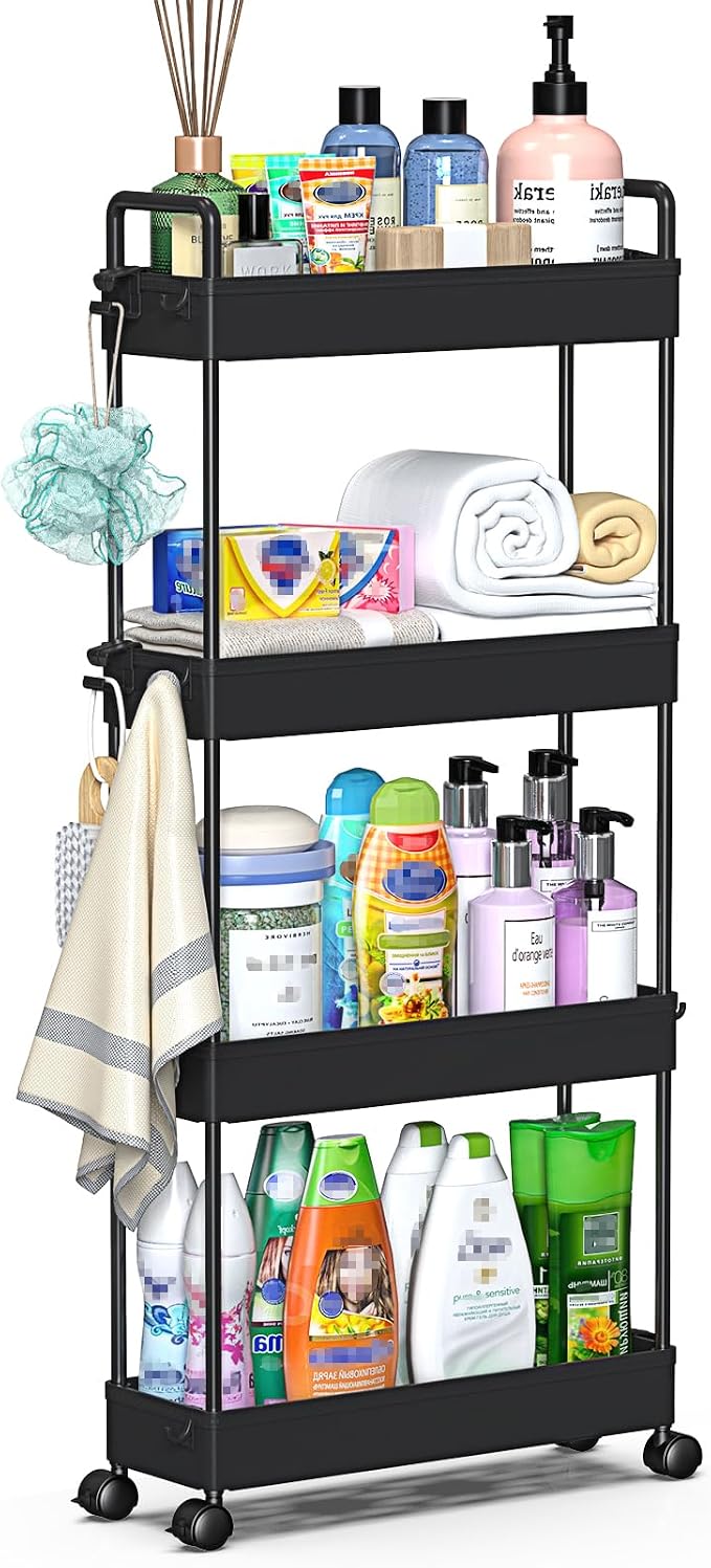 SOLEJAZZ Slim Rolling Storage Cart Skinny Bathroom Organizer, 4 Tier, Black | Thin utility cart with wheels for bathroom, laundry room, bedside, kitchen, dorm, office, next to fridge, small narrow places by SOLEJAZZ
