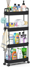 SOLEJAZZ Slim Rolling Storage Cart Skinny Bathroom Organizer, 4 Tier, Black | Thin utility cart with wheels for bathroom, laundry room, bedside, kitchen, dorm, office, next to fridge, small narrow places by SOLEJAZZ