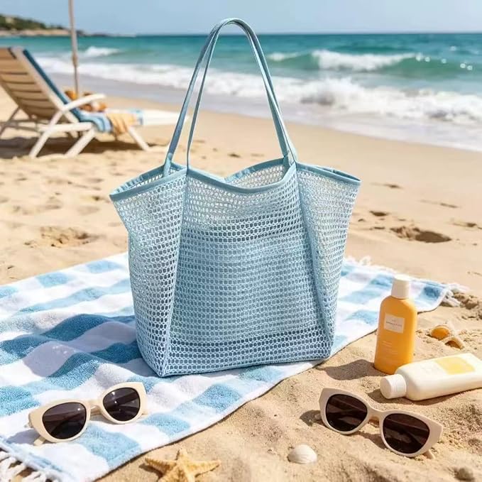 Beach Bag with Mini Pocket, Large Foldable Mesh Tote for Women, Lightweight & Travel Bag for Vacation & Outdoor - Image 2