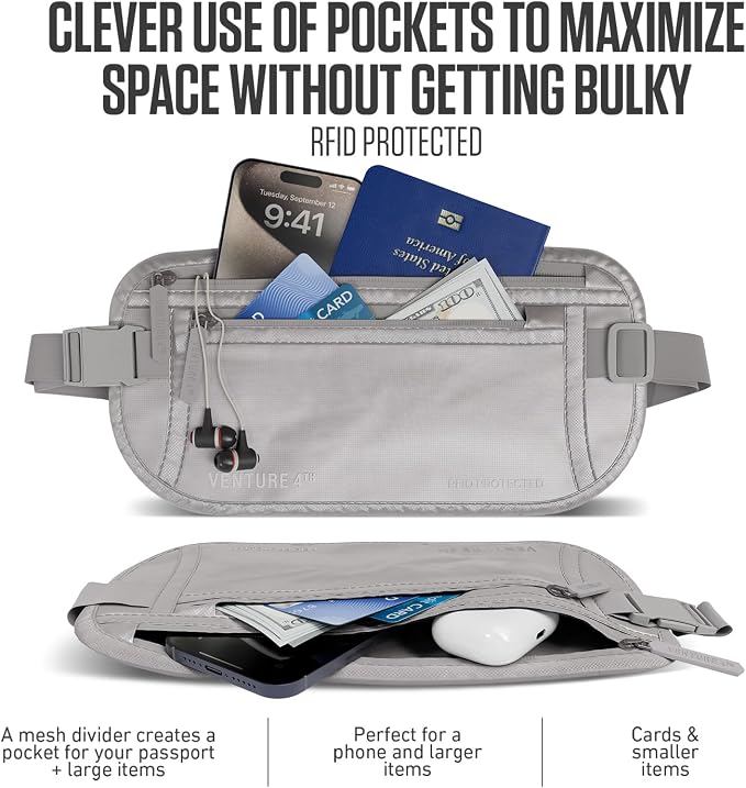 VENTURE 4TH Travel Money Belt, RFID Blocking Passport Holder - Sleek Silver - Image 2