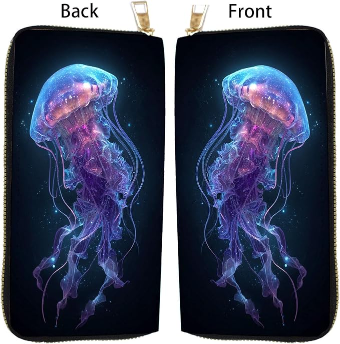 Women's RFID Blocking PU Leather Zip-Around Wallet, Large Capacity Clutch with Phone Holder, Travel Purse & Card Organizer with Removable Wristlet,Blue Jellyfish - Image 5