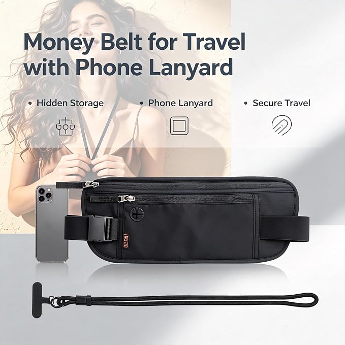 Money Belt for Travel with Anti-Theft RFID Blocking Fabric, Phone Lanyard, Upgrade Larger Hidden Passport Holder, Slim Waist Wallet Men Women,Travel Pouch Fits Passport Phone Cash Cards, Black - Image 6