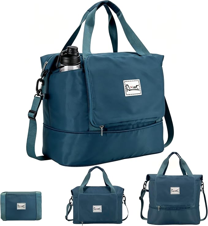 Foldable Travel Duffel Bag for Women, Peacock Blue | 40L Expandable Water-Resistant Carry on Bag, Personal Item Travel Bag Flight Approved with Wet Pocket for Gym Travel, Nylon by RIXINC