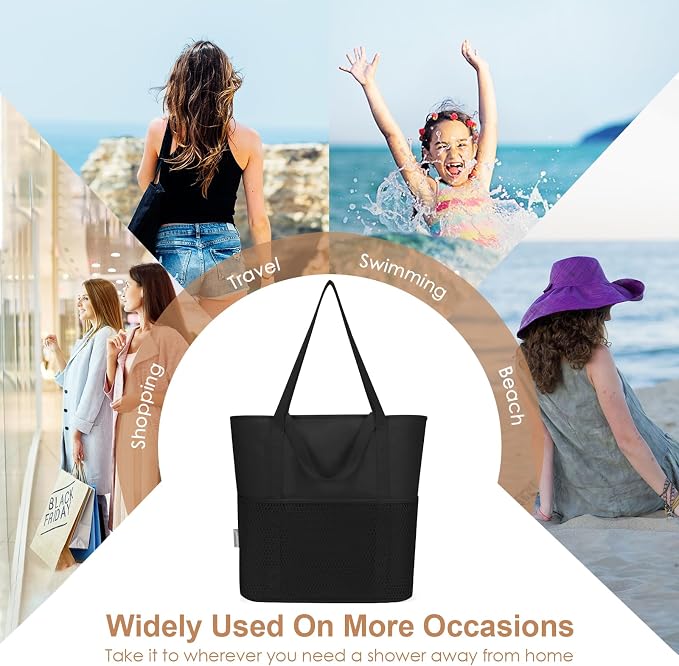 KABAQOO Large Beach Bag Waterproof Sandproof Tote Bag for Women with Zipper & Mesh Pockets for Pool Swim Travel Everyday | waterproof - Image 8