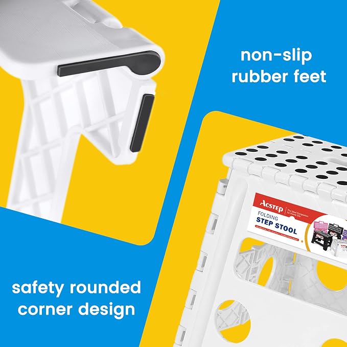 13 Inch Folding Step Stool, Holds 300 lb, for Adults and Kids, White | Heavy Duty Portable Collapsible Foot Stool, Non-Slip Surface for Kitchen Bathroom Bedroom Outdoor, Lightweight with Handle - Image 6