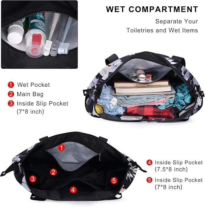 Expandable Duffel Bag for Women with Trolley Sleeve/Wet Pocket Weekender Travel Tote Large Carry On Overnight Luggage - Image 4