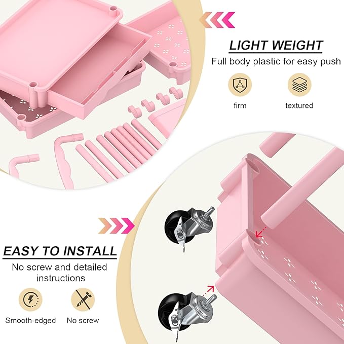 Goovilla 4 Tier Rolling Utility Cart Organizer with Removable Drawer, Pink | Stable and Sturdy Rolling Storage Carts with 2 Lockable Wheels for Bathroom, Kitchen, Snack, Craft, Makeup, Baby Essentials - Image 3