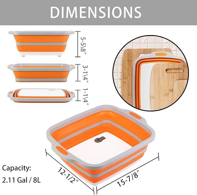 Collapsible Cutting Board with Container, Foldable Camping Sink with Colander, BBQ Prep Tub with Lid, Multifunction Dish Basin for Kitchen, Bowl, Vegetable and Fruit, 2.11 Gal/8L Storage Basket - Image 3