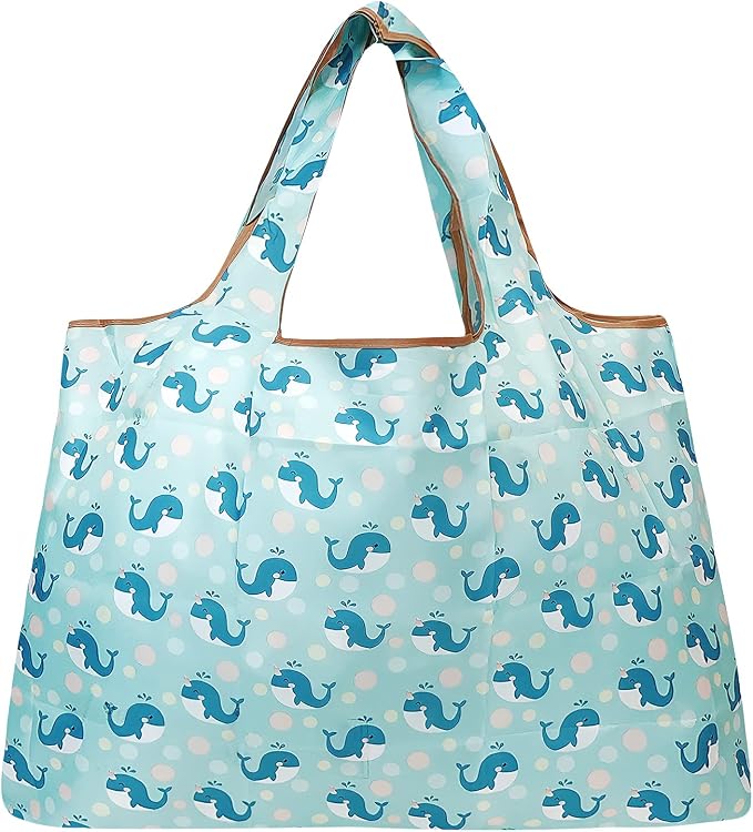 allydrew Large Foldable Tote Nylon Reusable Grocery Bags, Blue Whales - Image 3