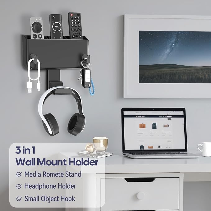 Kytok Adhesive Remote Control Holder Wall Mount with Headset Hanger, 3 in 1 Organizer TV/Fan Remote Caddy with Hook for Headphone, No Drill Controller Storage Bracket, Bed Wall Rack - Image 3