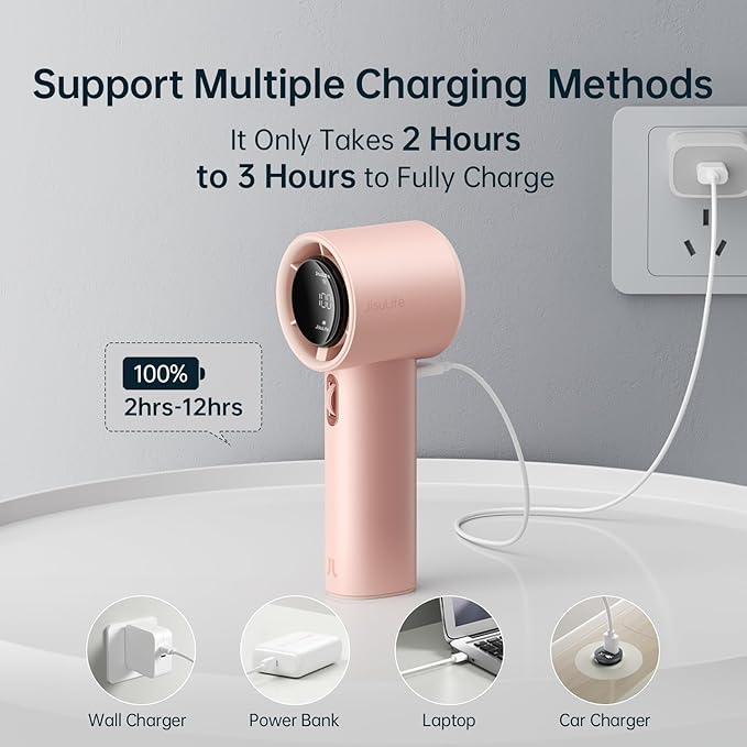 JISULIFE Handheld Fan Pro1S - Next-Gen Airflow: Up to 12H Runtime | Pearlescent ABS-Elegant Strength,1-100 Speed Scroll Wheel,3600mAh-Portable Fan for Travel, Gifts for Women Men(Iceberry Pink) - Image 6