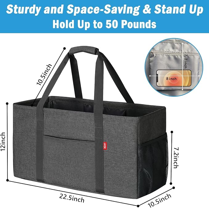 LHZK 2 Pack Extra Large Utility Tote Bag with Metal Wire Frame and the Sides Rinforced, Extra Large Tote Bag with Handle for Pool Beach Laundry Storage (Grey) - Image 4