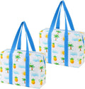 VENO 2 Pack Utility Tote Reusable Grocery Bags with Zipper & Hard Bottom | Heavy Duty Foldable Water-Resistant Shopping Bags for Summer Beach, Pool, Picnic & Travel Carry-on (Tropical Island, 2 Pack) by Veno