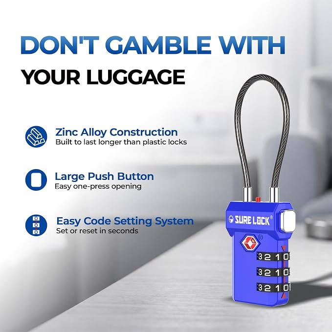 SURE LOCK TSA Approved Luggage Locks with Open Alert Indicator, 3 Digit Combination Cable Travel Lock for Suitcase, Backpack, Gym Locker, Toolbox, Carry On & Travel Bag - Image 4