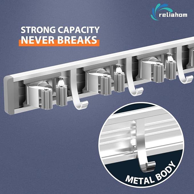 reliahom Broom Holder Wall Mount Mop Hanger Tools organizer 5Racks4Hooks,2P | Adjustable Mop Broom Wall Hanging Heavy Duty Tools Storage Rack Space-saving for Garage,Kitchen,Laundry Room,Garden, Silver - Image 2
