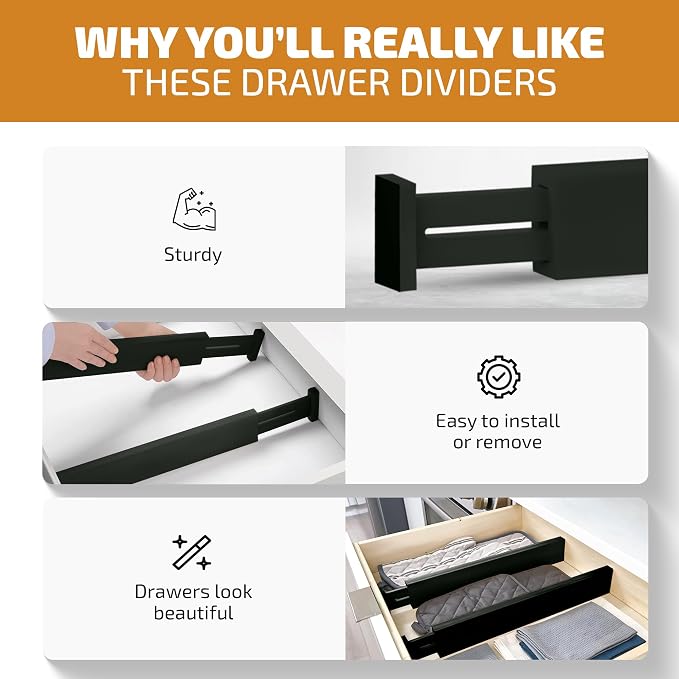 4-Pack Drawer Dividers 2.6-Inch High Dresser Organizer 16 to 22 Inch, Black | Bamboo, Spring Loaded, No Tools Needed, Fits Wide Drawers for Socks, Clothes, Utensils, Bedroom, Bathroom, Kitchen, Office - Image 4