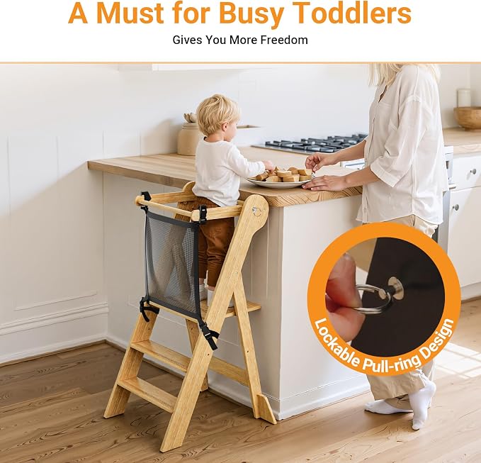 COSYLAND Foldable Toddler Kitchen Stool Helper - Standing Stool Tower | Folding 2-level Height Stand Tower, kids 18M-6Y, 70% pre-assembled anti-tip & non-slip bathroom Sink or Kitchen Counter - Image 4