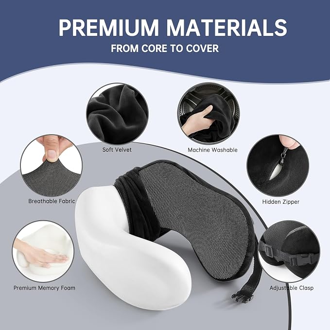 Neck Pillow Travel Pillow - 100% Pure Memory Foam Airplane Pillow with Adjustable Clasp & Removable Cover, Portable Travel Essentials for Long Flights, Car & Office (Black, with Eye Mask) - Image 3