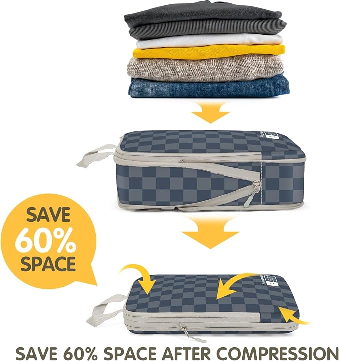 8 Set Compression Packing Cubes for Travel, Lightweight Dual Zipper Packing Cubes, Space-Saving Suitcase Organizer for Travel/Business Trip/Family Vacation (Blue-Gray Checkered) - Image 4