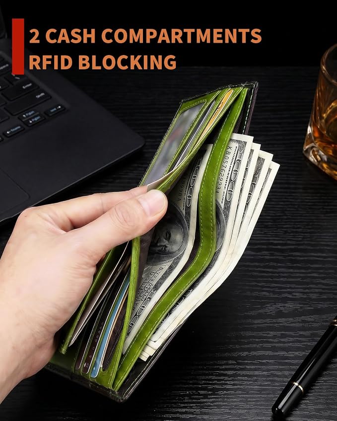 Men's Cowhide Leather RFID Wallet, Slim Bifold (Green) | 2 Clear ID Windows, 10 Card Slots, Zipper Coin Pocket, Gradient Finish for Business, Travel, Daily Carry and Gifts - Image 6