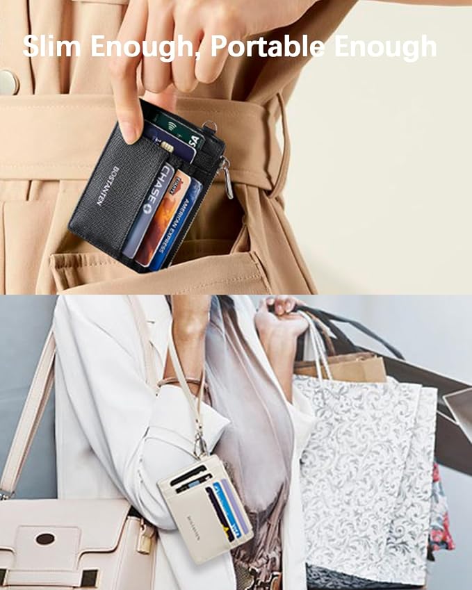 BOSTANTEN Credit Card Holder RFID Small Wallet for Women with Keychain | Slim, Wristlet, Zipper Coin Pocket, Pocket-Friendly, Vegan Leather, Minimalist, Gifts, Beige - Image 5