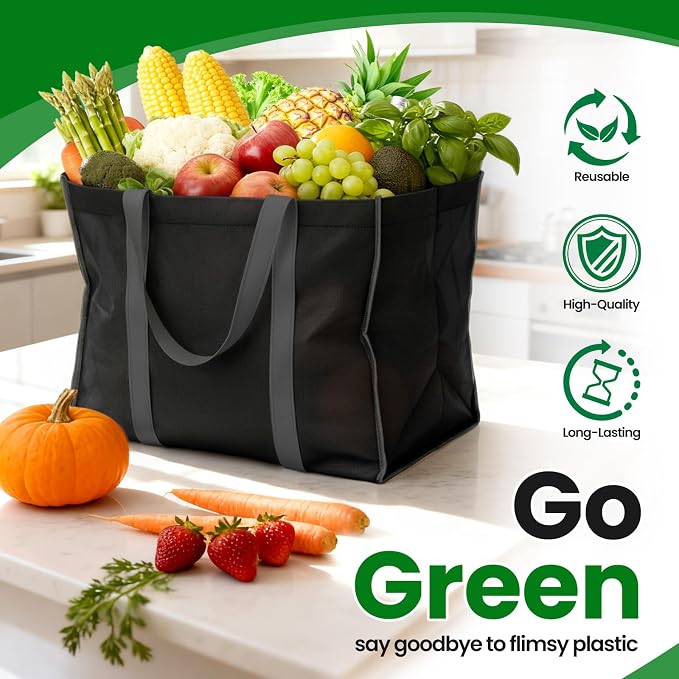 Reusable Grocery Bags for Shopping with Long Handles, 3 Pack, Black | Multipurpose Shopping Bags for Groceries, Foldable Grocery Totes Resist Water & Stains for Kitchen, Car Trunk, Picnic - Image 6
