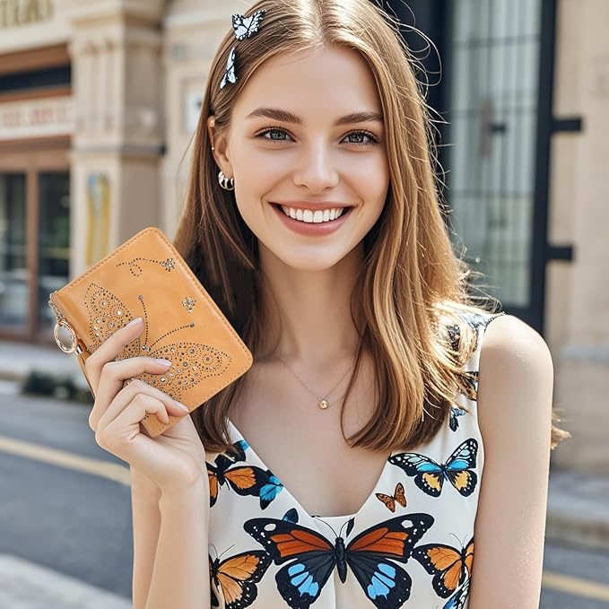 KITEVIUN Women RFID Blocking Small Bifold Wallet, Compact Cash Clutch with Zipper Coin Pocket, Glittery Butterfly Design, Credit Card Holder, Travel Purse with Tassel YELLOW - Image 2