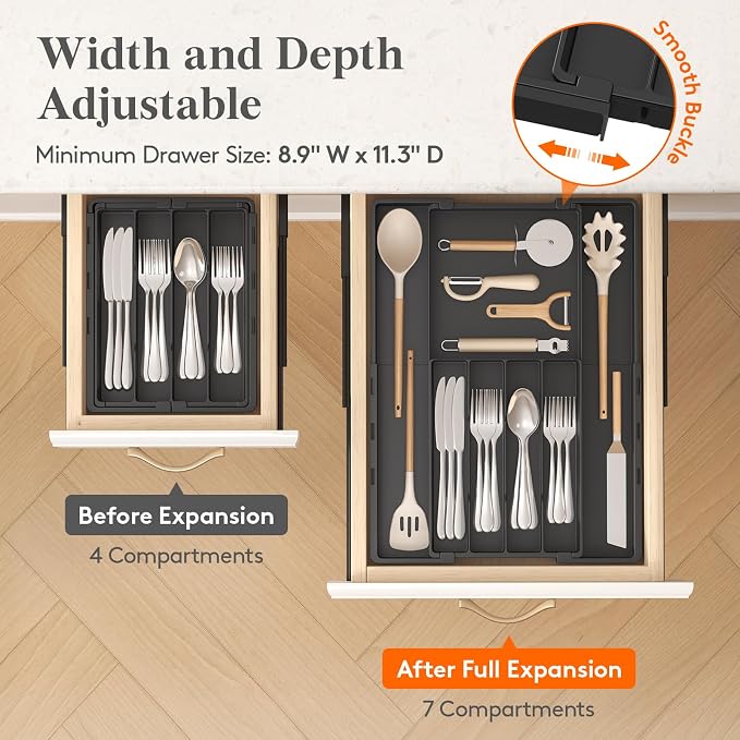 Lifewit Expandable Silverware Drawer Organizer, Utensil Tray for Kitchen | BPA Free Flatware Cutlery Holder, Adjustable Plastic Storage Spoons Forks Knives, 8.9-14.3 x 11.3-19.4 x 1.7", Black - Image 6