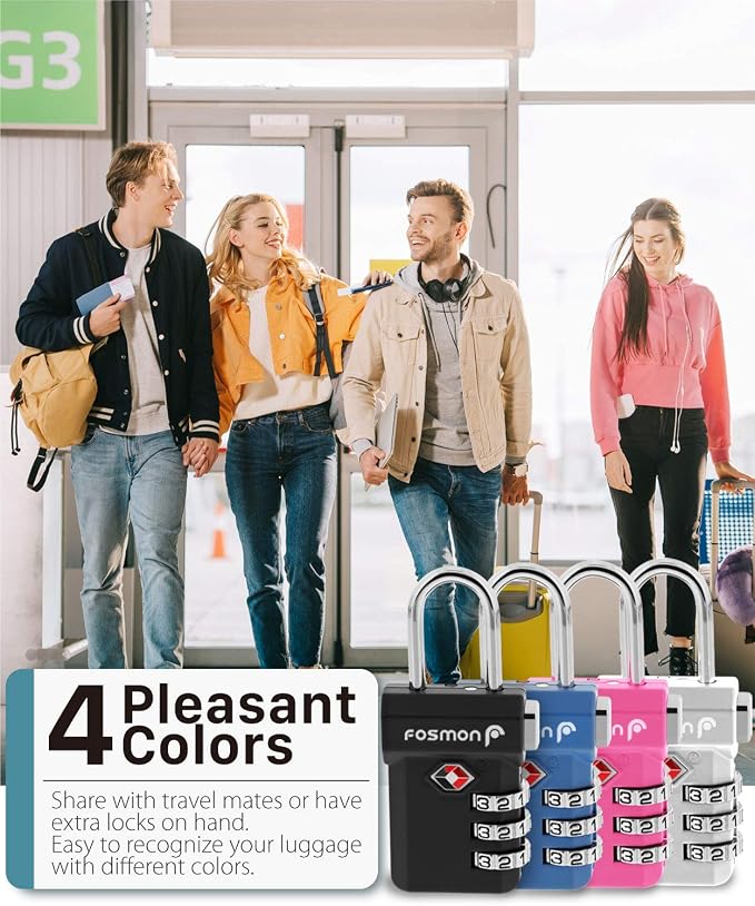 Fosmon TSA Accepted Luggage Locks, (4 Pack) Open Alert Indicator 3 Digit Combination Padlock Codes with Alloy Body and Release Button for Travel Bag, Suit Case & Luggage - Black, Blue, Pink, Silver | Push Release Button, Suitcase Travel Lock, Backpack ... - Image 5