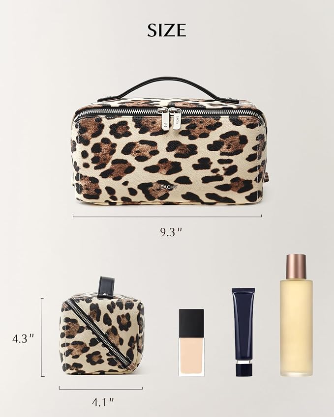 EACHY Travel Makeup Bag for Women, Flat Open Leopard Print Cosmetic Bag | Leopard-print PU leather cosmetic bag opens flat with dividers and clear TPU brush pocket for makeup and travel essentials - Image 2