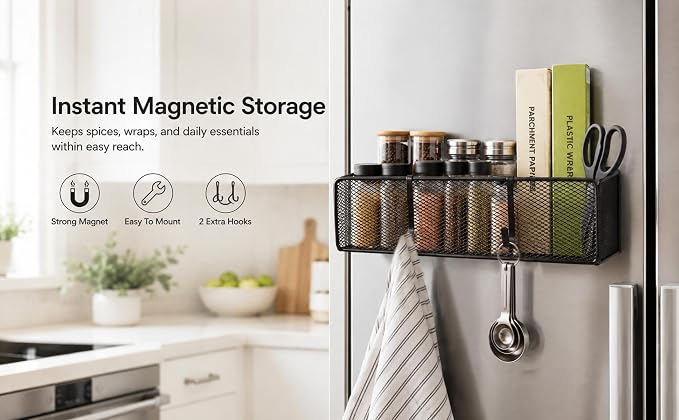 Magnetic Basket Organizer with 2 Hooks, Strong Magnetic Shelf for Fridge | Metal Mesh Storage Basket for Refrigerator, Kitchen, Garage, Office and Pegboard - Image 9