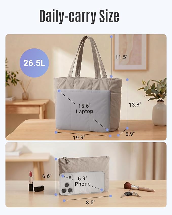 LIGHT FLIGHT Tote Bag for Women, 2-Pc Puffy Tote Bag Set with Compartments, Lightweight Large Shoulder Handbags for Travel - Image 4