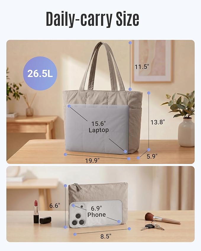 LIGHT FLIGHT Tote Bag for Women, 2-Pc Puffy Tote Bag Set with Compartments, Lightweight Large Shoulder Handbags for Travel - Image 5
