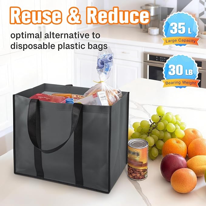 WISELIFE Reusable Grocery Bags, Foldable, Lasting Use, 35L, 4 Pack, Gray | Large Shopping Bags with Reinforced Stitching, Water-Resistant Grocery Totes for Kitchen, Market, Car Trunk, Picnic - Image 4