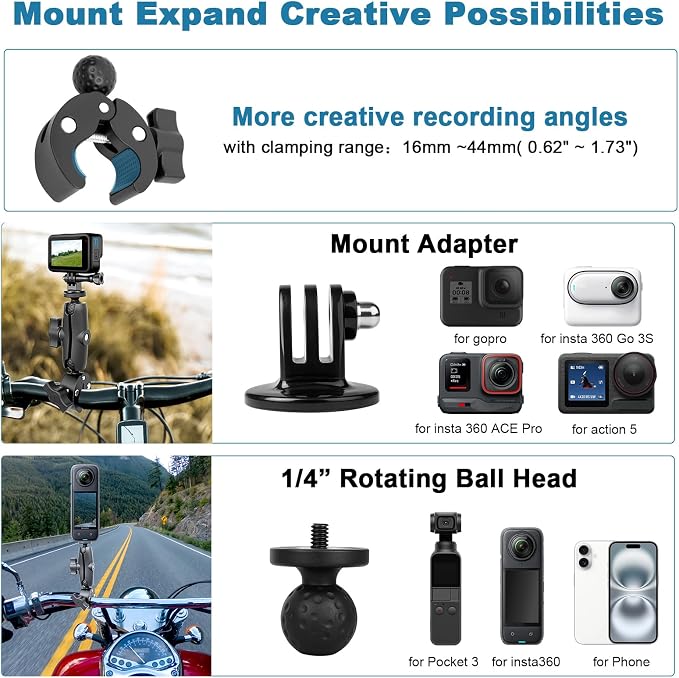 Motorcycle Mount Kit Compatible with Insta 360 X4 X5, Bike Handlebar Clamp Mounts for Gopro, 59" Invisible Selfie Stick with Double Clamp for Action Camera,Motorcycle Bicycle Riding Records - Image 4
