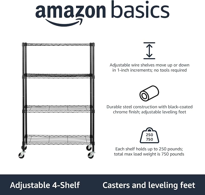 Amazon Basics 4-Shelf Heavy Duty Garage Shelving Storage Unit on 3" Wheel Casters, Adjustable Metal Wire Rack with Leveling Feet, 36" x 14" x 57.75", Black - Image 4