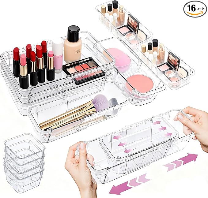 16 Pcs Upgraded Extendable Clear Drawer Organizer, Adjustable Vanity Storage Box, 3-Size Desk Drawer Organizer, Durable Storage Bins for Makeup, Cosmetic, Bedroom Dressers Tool Organizer for Gadgets by WelcometoViddett_Direct