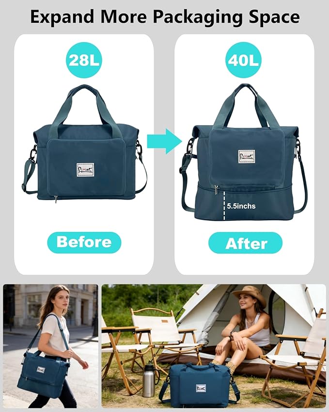 Foldable Travel Duffel Bag for Women, Peacock Blue | 40L Expandable Water-Resistant Carry on Bag, Personal Item Travel Bag Flight Approved with Wet Pocket for Gym Travel, Nylon - Image 2