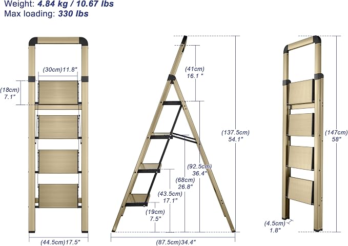 Step Ladder 4-Step Champagne Finish Aluminum Folding Ladders | Anti-slip Sturdy Foldable Ladder Step Stool for Kitchen Home Office Libaray - Image 2